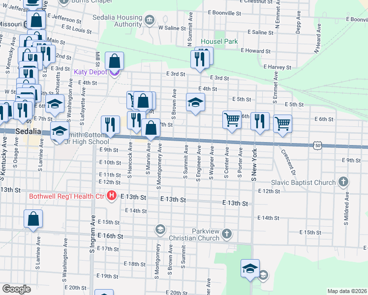 map of restaurants, bars, coffee shops, grocery stores, and more near 854 South Summit Avenue in Sedalia