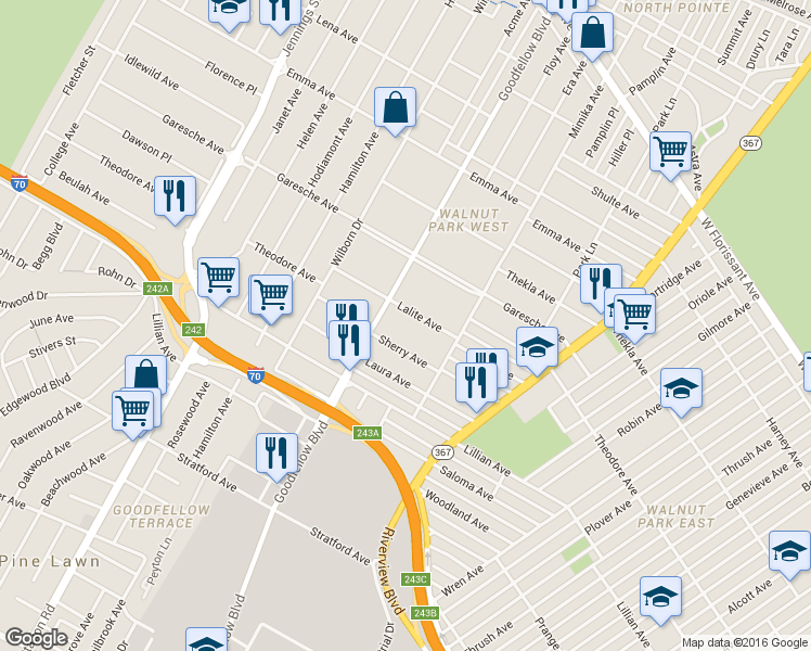 map of restaurants, bars, coffee shops, grocery stores, and more near 6156 Lalite Ave in St Louis