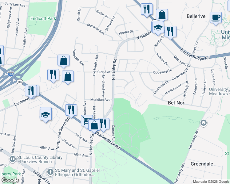map of restaurants, bars, coffee shops, grocery stores, and more near 2812 North Hanley Road in St. Louis
