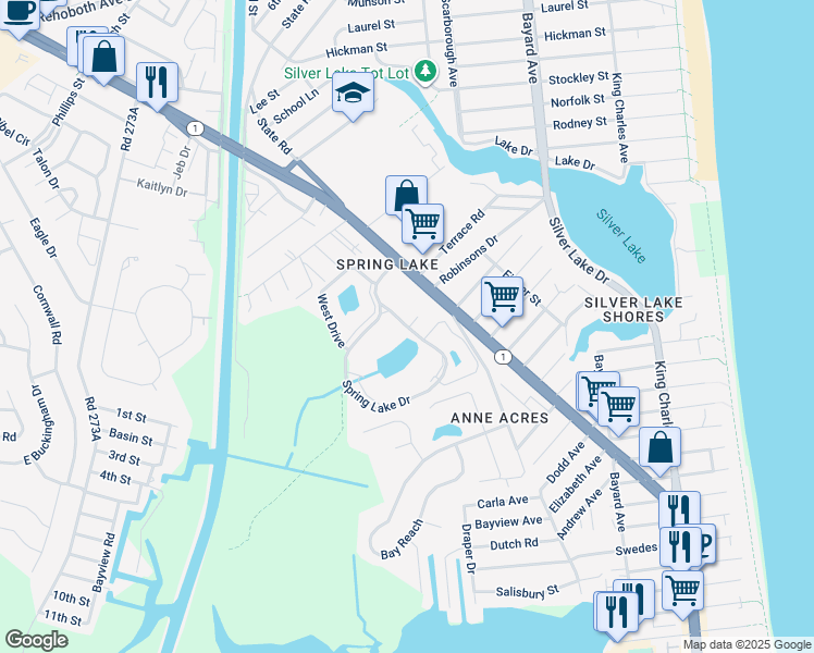 map of restaurants, bars, coffee shops, grocery stores, and more near 433 Spring Lake Drive in Rehoboth Beach