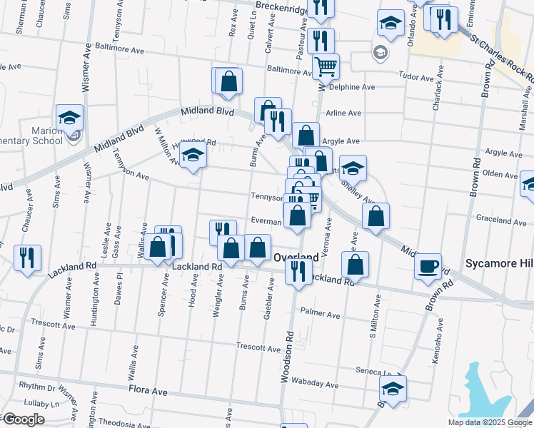 map of restaurants, bars, coffee shops, grocery stores, and more near 9427 Everman Avenue in Overland