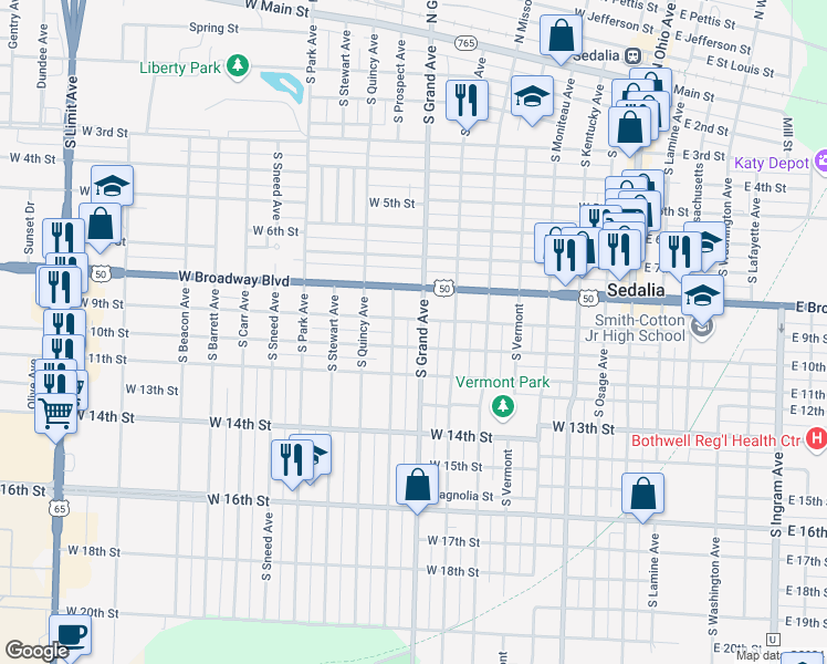 map of restaurants, bars, coffee shops, grocery stores, and more near 908 South Grand Avenue in Sedalia