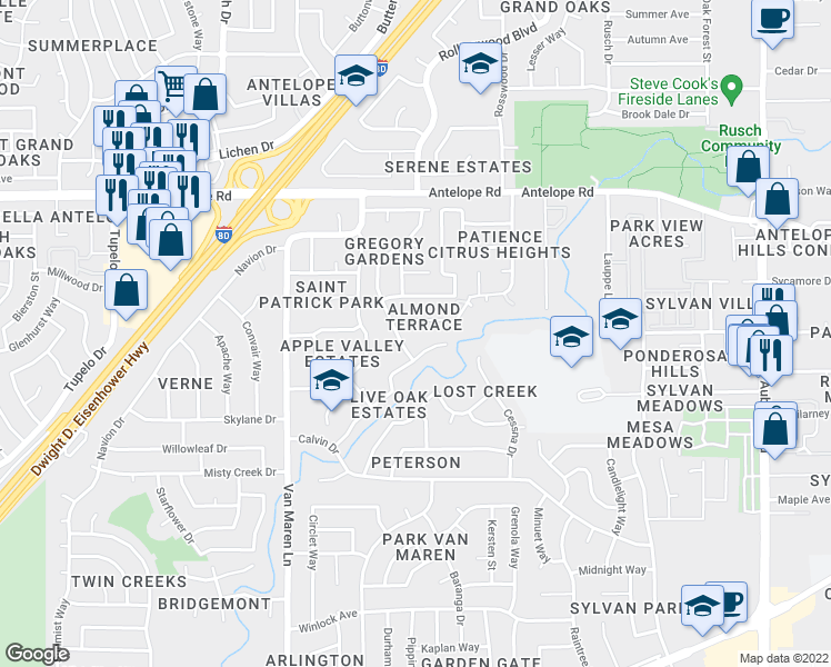 map of restaurants, bars, coffee shops, grocery stores, and more near 7008 Arend Court in Citrus Heights