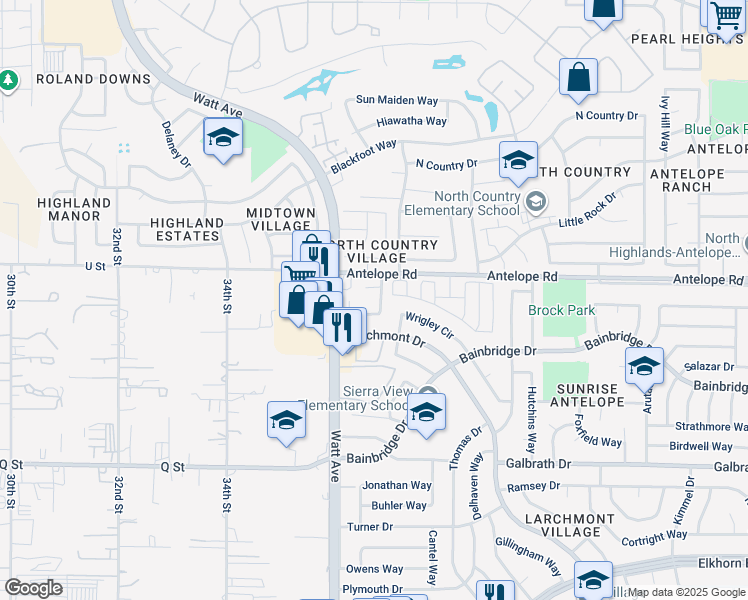 map of restaurants, bars, coffee shops, grocery stores, and more near 7553 Mountain Oak Way in North Highlands