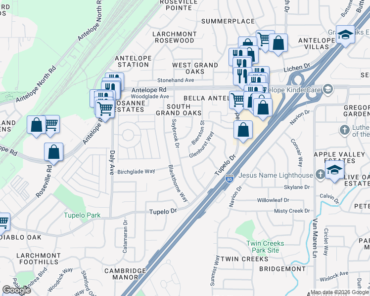 map of restaurants, bars, coffee shops, grocery stores, and more near 7537 Bierston Street in Citrus Heights