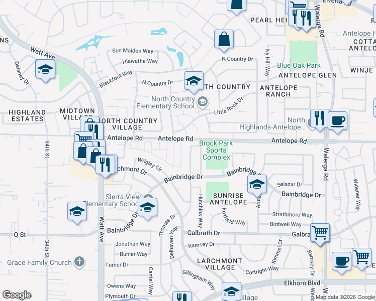 map of restaurants, bars, coffee shops, grocery stores, and more near 7353 Washburn Way in North Highlands