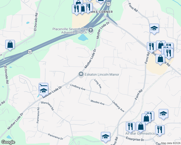 map of restaurants, bars, coffee shops, grocery stores, and more near 6641 Ribbon Lane in Placerville