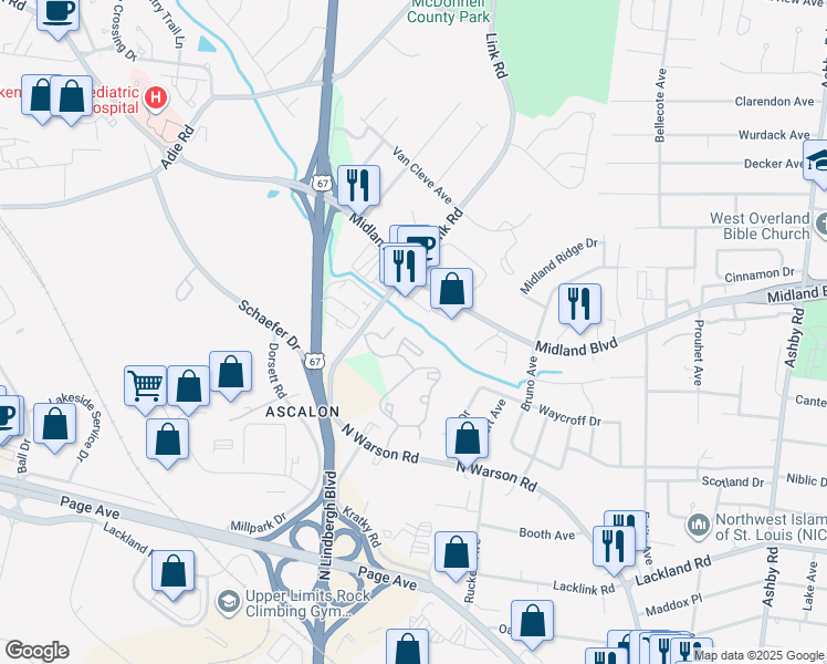 map of restaurants, bars, coffee shops, grocery stores, and more near 11015 Woody Creek Drive in St. Louis