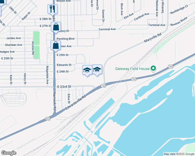map of restaurants, bars, coffee shops, grocery stores, and more near 3201 East 23rd Street in Granite City