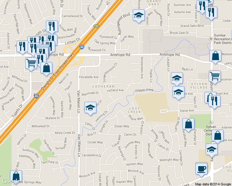 map of restaurants, bars, coffee shops, grocery stores, and more near 7008 Arend Court in Citrus Heights