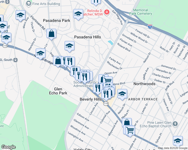 map of restaurants, bars, coffee shops, grocery stores, and more near 7211 Pasadena Boulevard in St. Louis