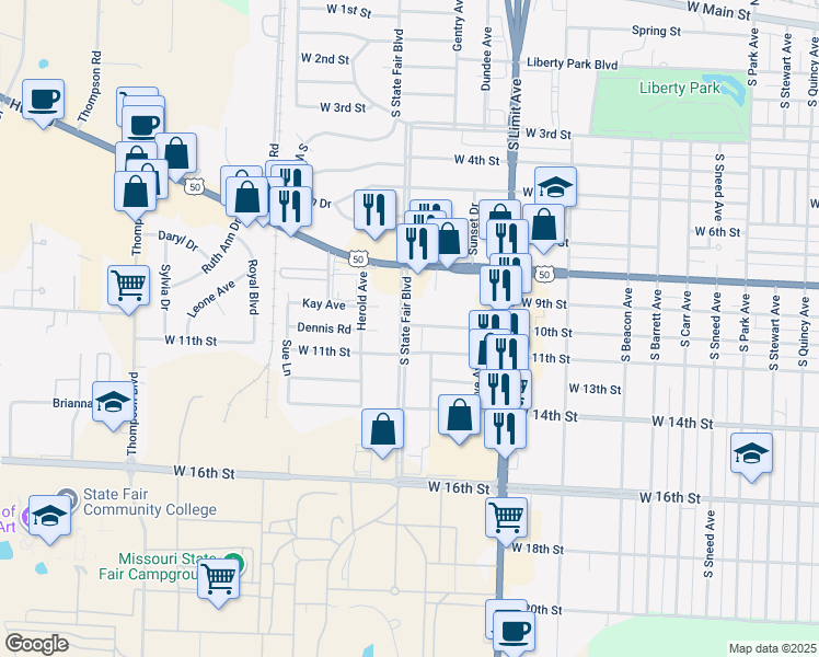 map of restaurants, bars, coffee shops, grocery stores, and more near 1018 South State Fair Boulevard in Sedalia