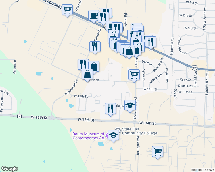 map of restaurants, bars, coffee shops, grocery stores, and more near 3121-3167 West 10th Street in Sedalia