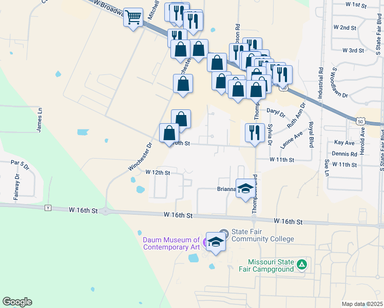 map of restaurants, bars, coffee shops, grocery stores, and more near 3121-3167 West 10th Street in Sedalia