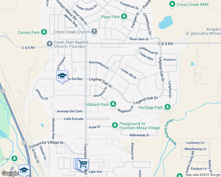 map of restaurants, bars, coffee shops, grocery stores, and more near 827 Legend Oak Drive in Fountain