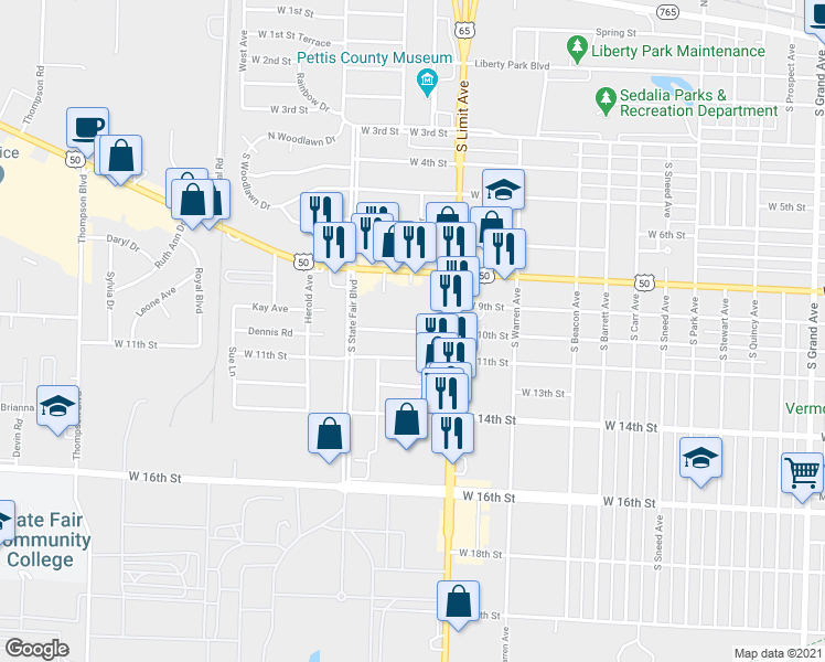 map of restaurants, bars, coffee shops, grocery stores, and more near 1858 West 10th Street in Sedalia