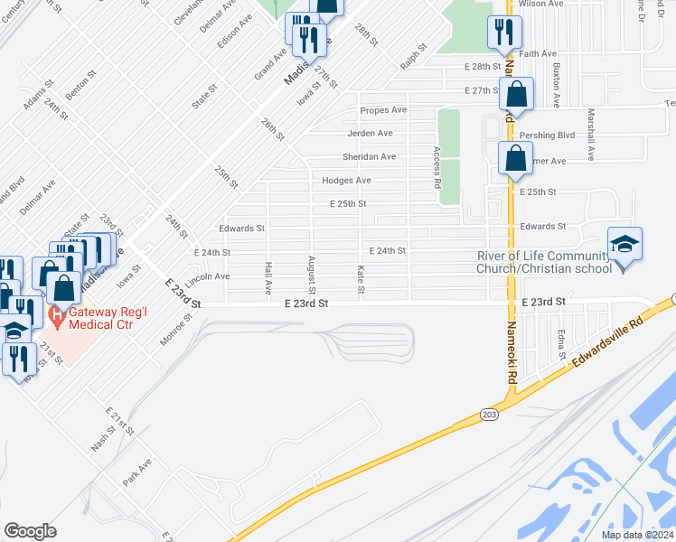 map of restaurants, bars, coffee shops, grocery stores, and more near 2427 Lincoln Avenue in Granite City