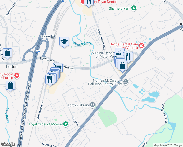 map of restaurants, bars, coffee shops, grocery stores, and more near 7757 Pohick River Drive in Lorton
