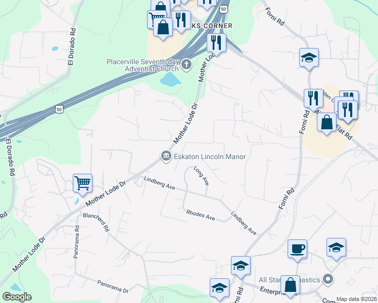 map of restaurants, bars, coffee shops, grocery stores, and more near 6641 Ribbon Lane in Placerville