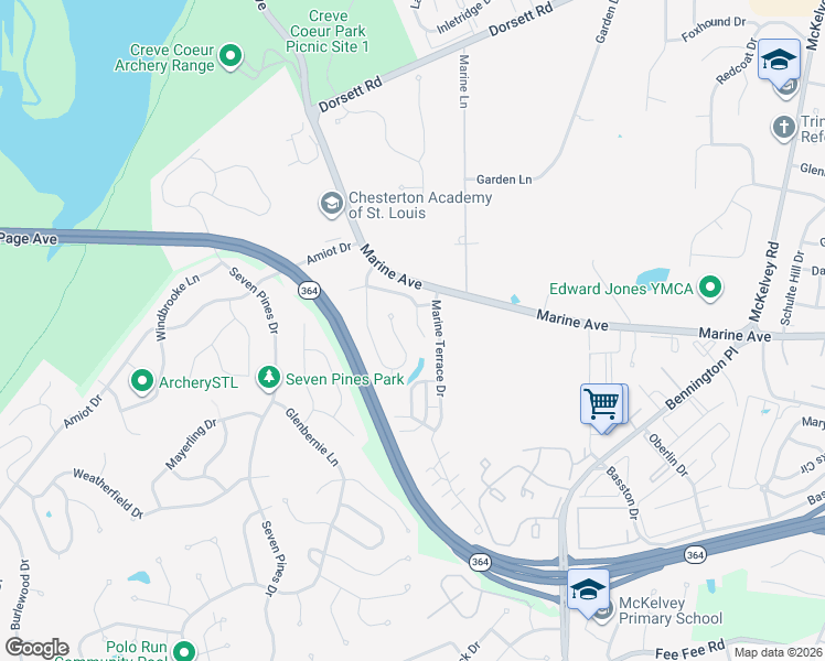map of restaurants, bars, coffee shops, grocery stores, and more near 12931 Polo Parc Drive in St. Louis