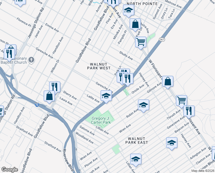 map of restaurants, bars, coffee shops, grocery stores, and more near 5929 Garesche Avenue in St. Louis