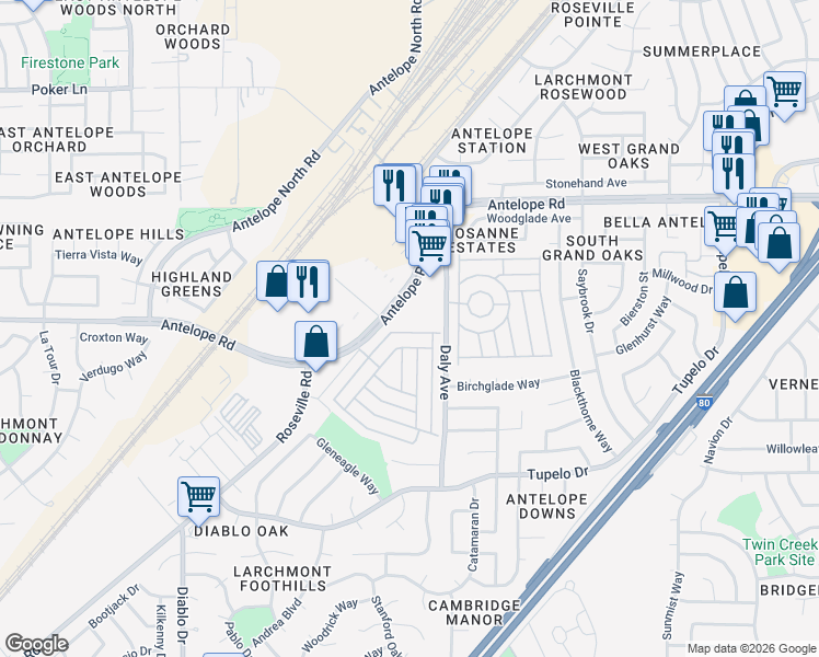 map of restaurants, bars, coffee shops, grocery stores, and more near 7437 Topanga Lane in Sacramento