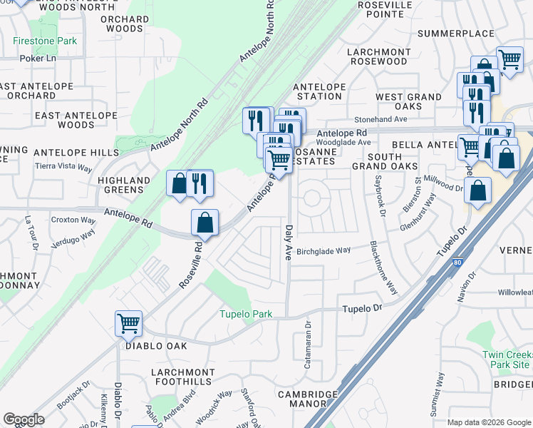 map of restaurants, bars, coffee shops, grocery stores, and more near 7437 Topanga Lane in Sacramento