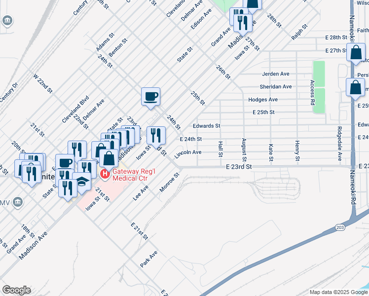 map of restaurants, bars, coffee shops, grocery stores, and more near 2122 Lincoln Avenue in Granite City
