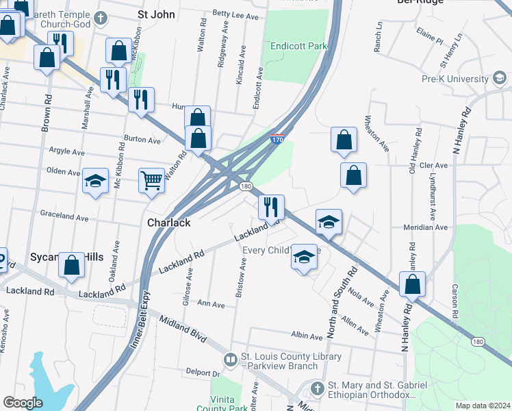 map of restaurants, bars, coffee shops, grocery stores, and more near 8404 El Quito Lane in St. Louis