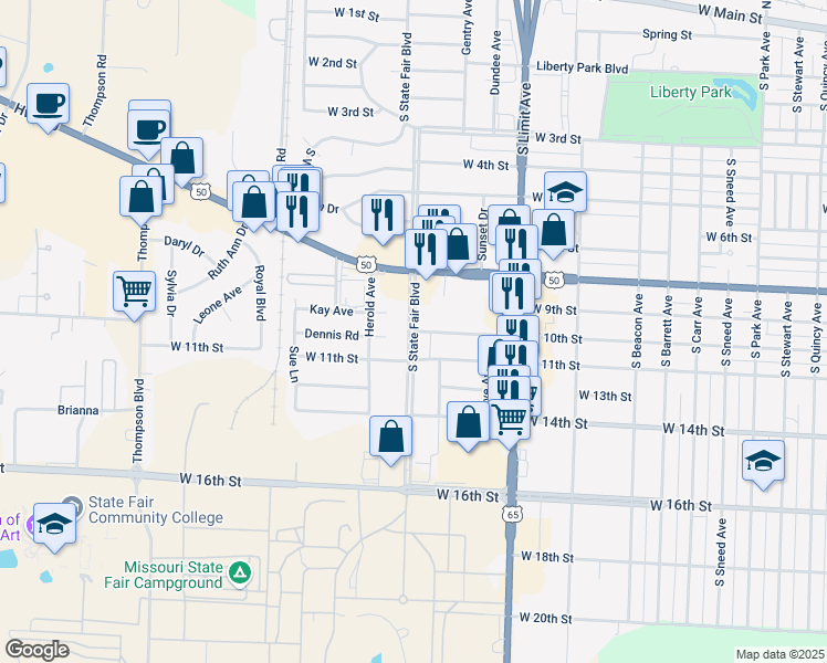 map of restaurants, bars, coffee shops, grocery stores, and more near 1018 South State Fair Boulevard in Sedalia