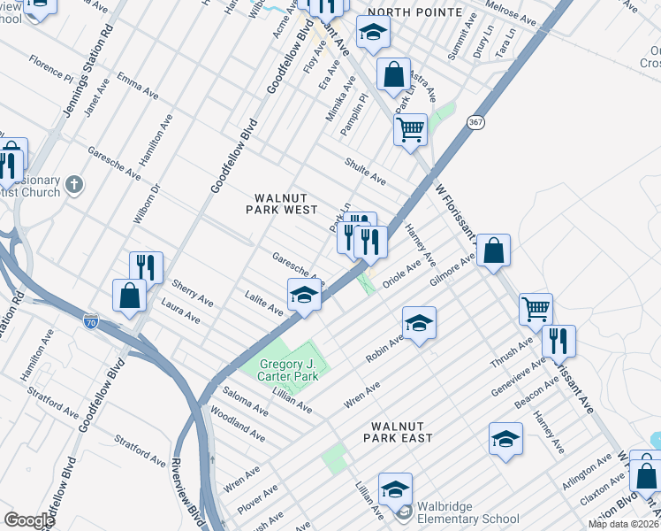 map of restaurants, bars, coffee shops, grocery stores, and more near 5929 Garesche Avenue in St. Louis