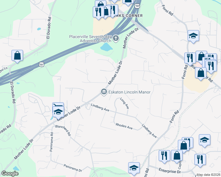 map of restaurants, bars, coffee shops, grocery stores, and more near 6641 Ribbon Lane in Placerville