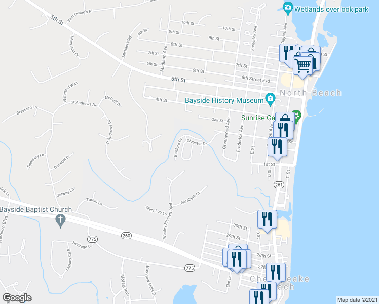 map of restaurants, bars, coffee shops, grocery stores, and more near 3614 Glouster Drive in North Beach
