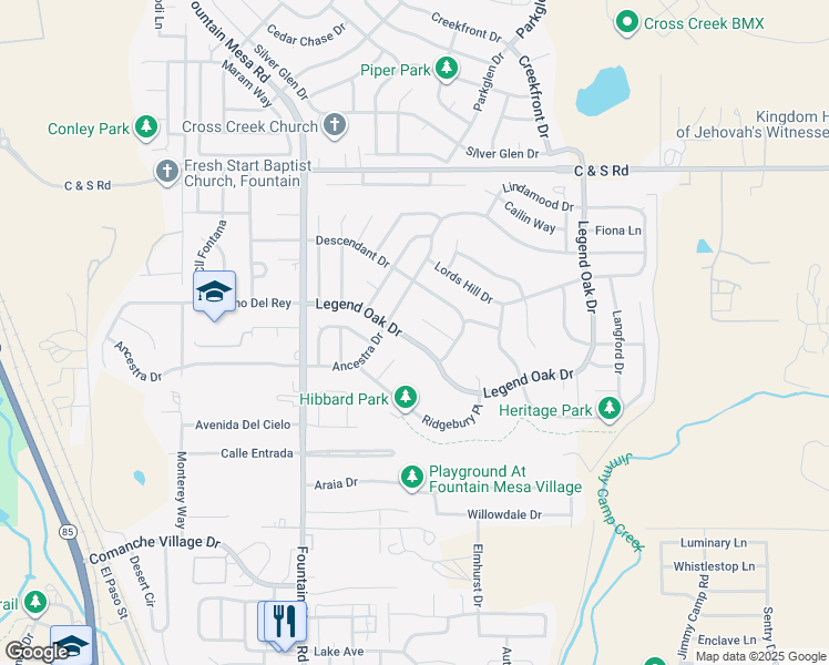 map of restaurants, bars, coffee shops, grocery stores, and more near 857 Legend Oak Drive in Fountain