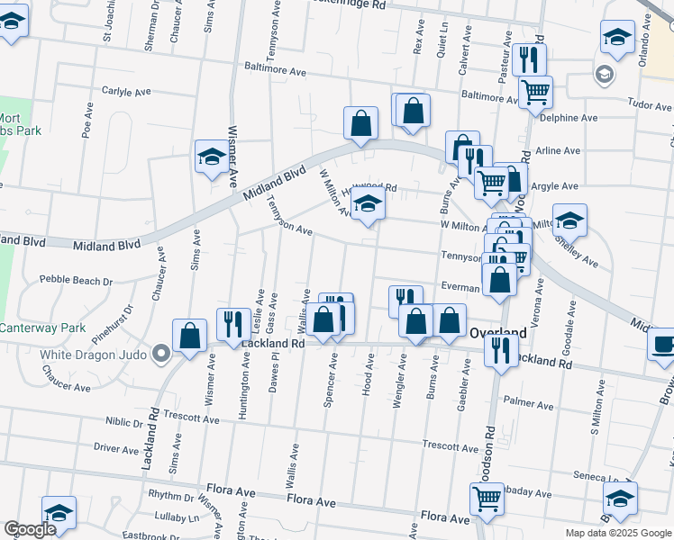 map of restaurants, bars, coffee shops, grocery stores, and more near 2509 Spencer Avenue in Overland