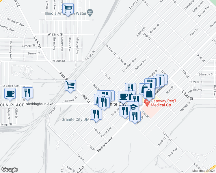 map of restaurants, bars, coffee shops, grocery stores, and more near 2008 Cleveland Boulevard in Granite City