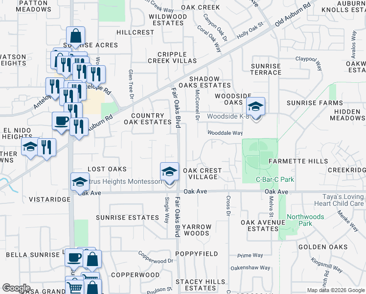 map of restaurants, bars, coffee shops, grocery stores, and more near 7506 Saint Philomena Way in Citrus Heights