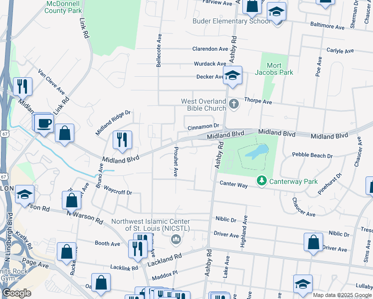 map of restaurants, bars, coffee shops, grocery stores, and more near 10574 Emerald Ridge Avenue in St. Louis
