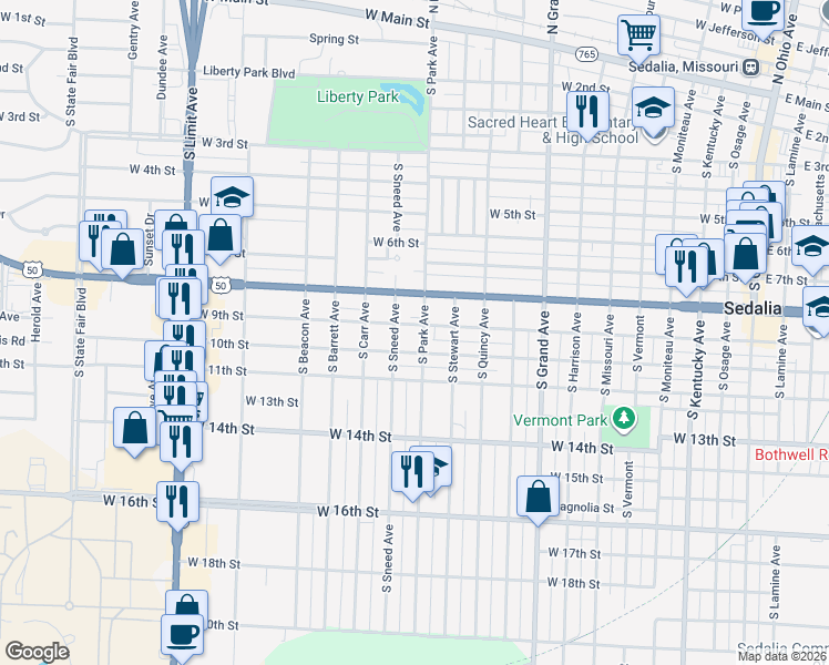 map of restaurants, bars, coffee shops, grocery stores, and more near 1204 West 10th Street in Sedalia