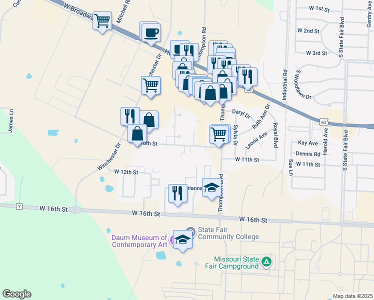 map of restaurants, bars, coffee shops, grocery stores, and more near 3121 West 10th Street in Sedalia
