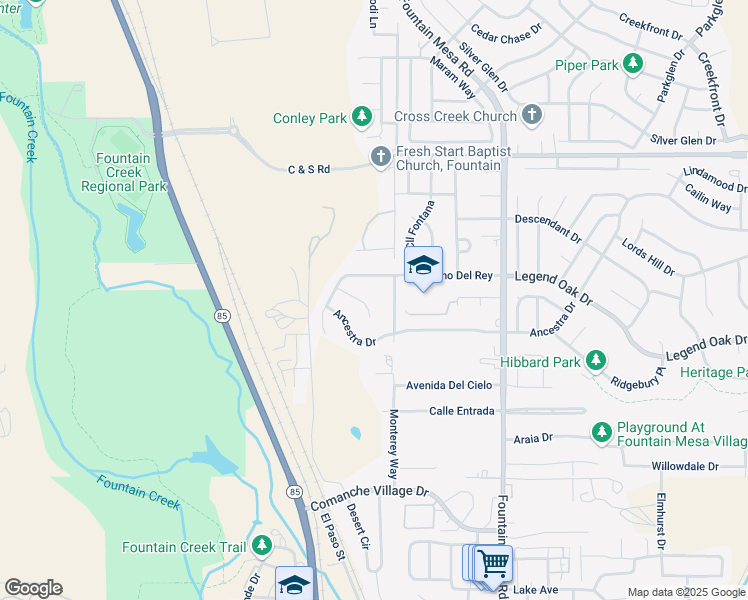 map of restaurants, bars, coffee shops, grocery stores, and more near 8850 Chalali Mesa Court in Fountain