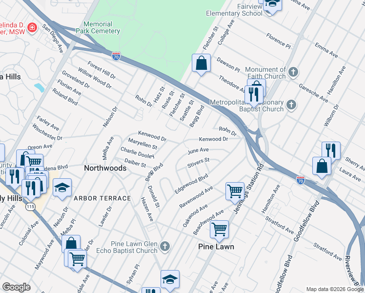 map of restaurants, bars, coffee shops, grocery stores, and more near 4426 June Avenue in St. Louis