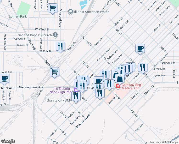 map of restaurants, bars, coffee shops, grocery stores, and more near in Granite City