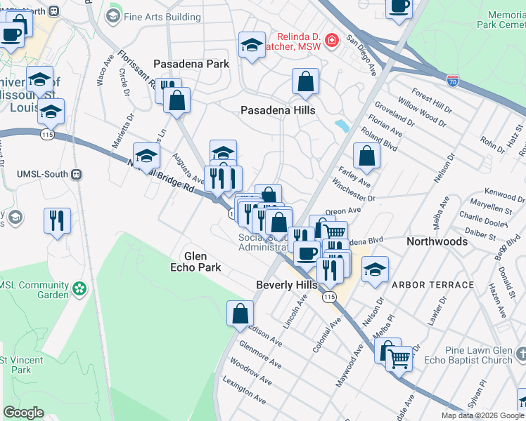 map of restaurants, bars, coffee shops, grocery stores, and more near 3818 Roland Boulevard in St. Louis