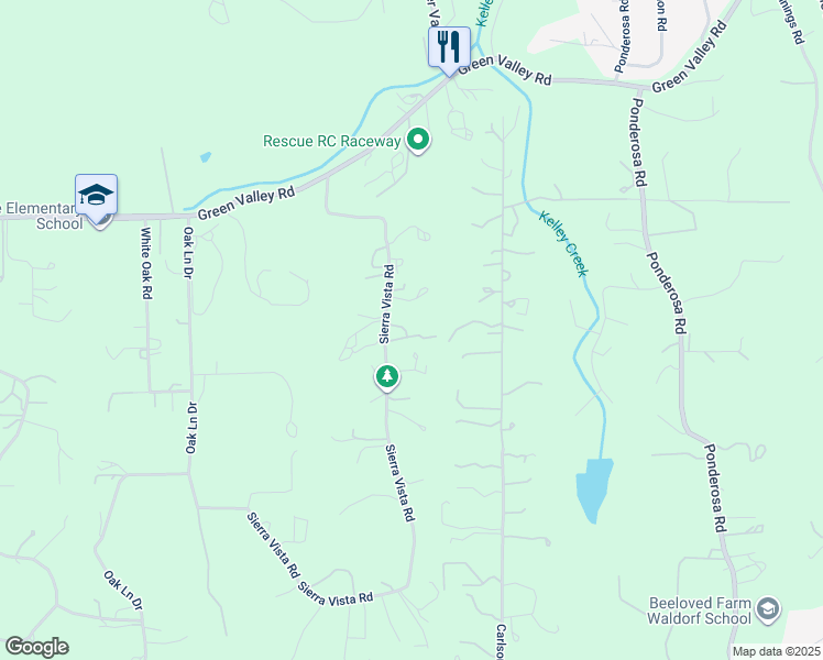 map of restaurants, bars, coffee shops, grocery stores, and more near 2571 Sierra Vista Road in El Dorado County