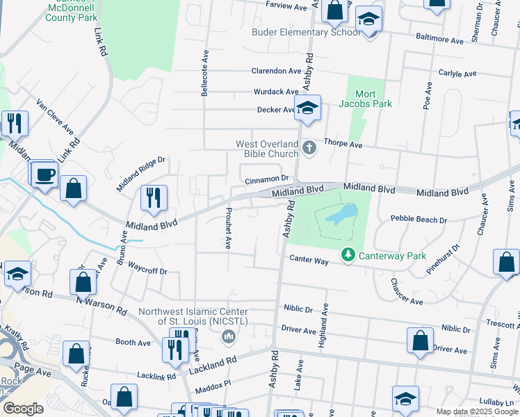 map of restaurants, bars, coffee shops, grocery stores, and more near 2515 Ashby Road in Saint Louis