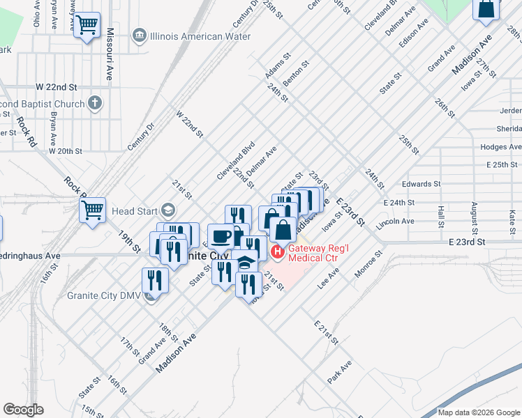 map of restaurants, bars, coffee shops, grocery stores, and more near 2132 State Street in Granite City
