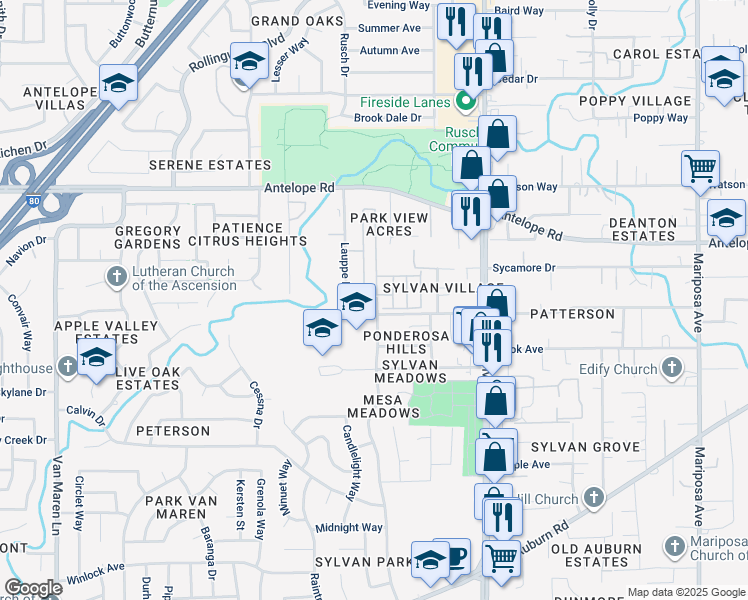 map of restaurants, bars, coffee shops, grocery stores, and more near 7404 Pratt Avenue in Citrus Heights