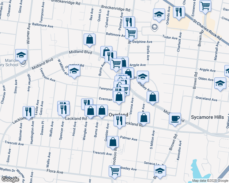 map of restaurants, bars, coffee shops, grocery stores, and more near 9413 Everman Avenue in Overland
