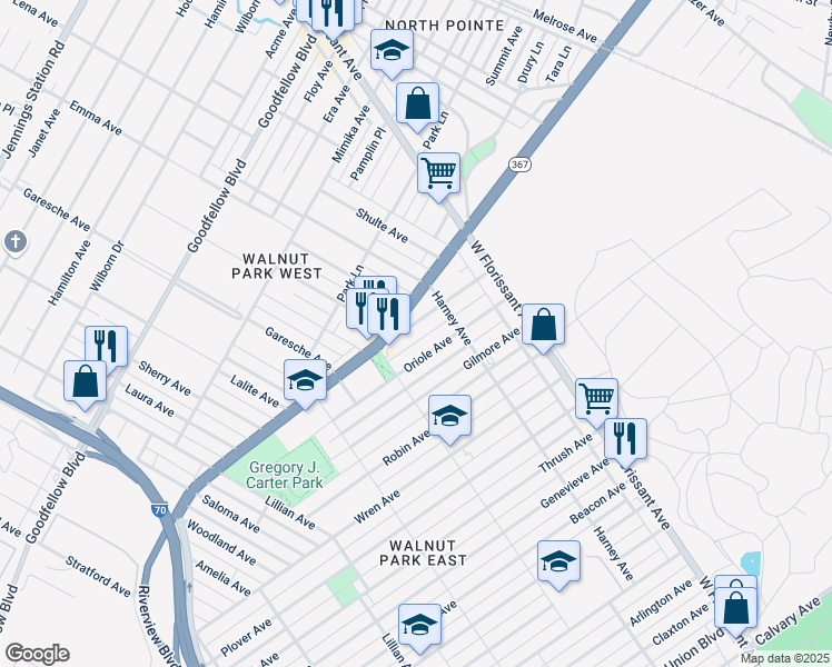 map of restaurants, bars, coffee shops, grocery stores, and more near 5412 Partridge Avenue in St. Louis